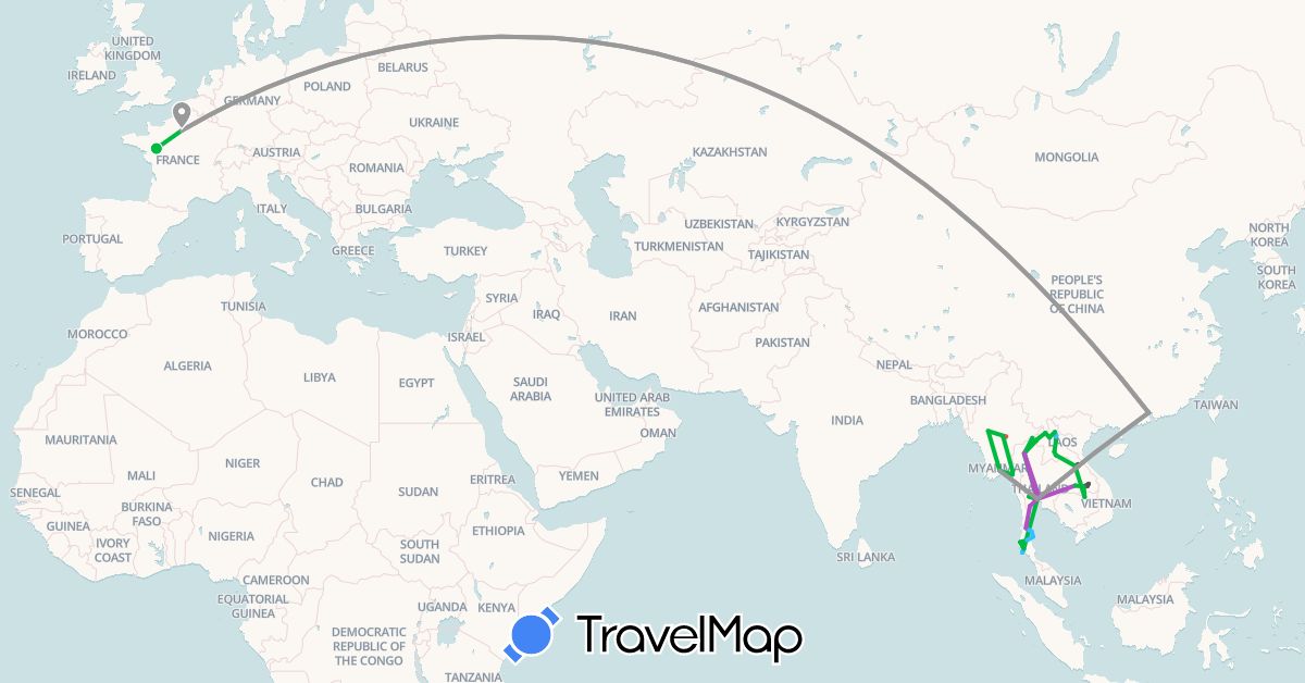 TravelMap itinerary: driving, bus, plane, train, hiking, boat, motorbike in China, France, Laos, Myanmar (Burma), Thailand (Asia, Europe)