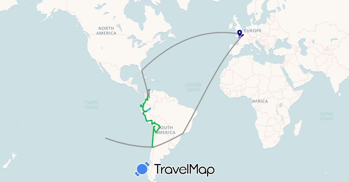 TravelMap itinerary: driving, bus, plane, train, hiking, boat in Bolivia, Brazil, Chile, Colombia, Ecuador, France, Peru, United States (Europe, North America, South America)